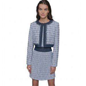 NWT Karl Lagerfeld Cropped Tweed Boucle Jacket Blue/White Metallic Trim Size 12